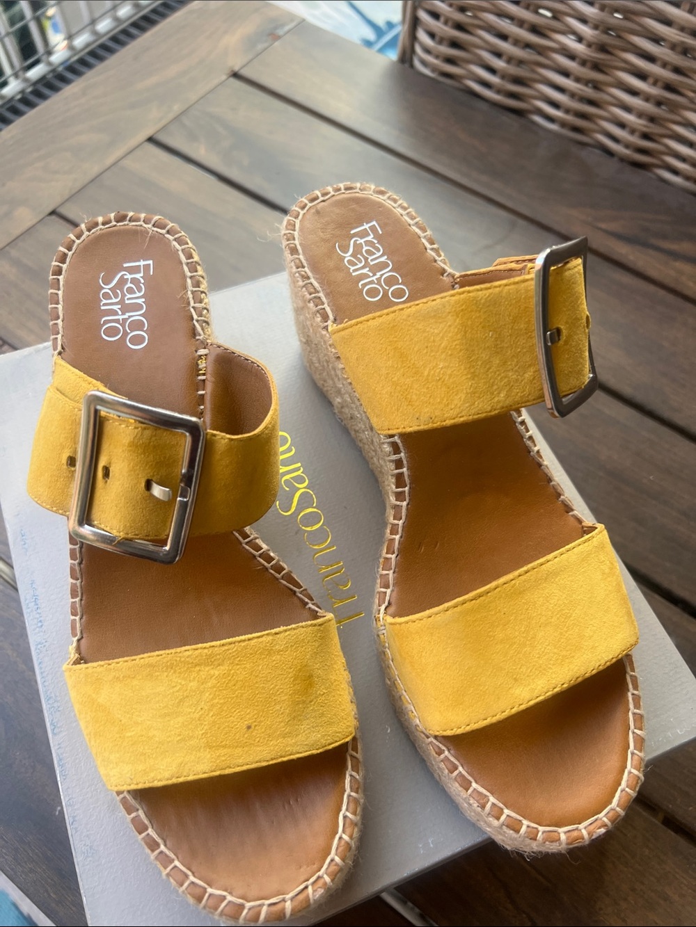 Franco Sarto Mustard Yellow Suede Espadrille Wedge Sandals